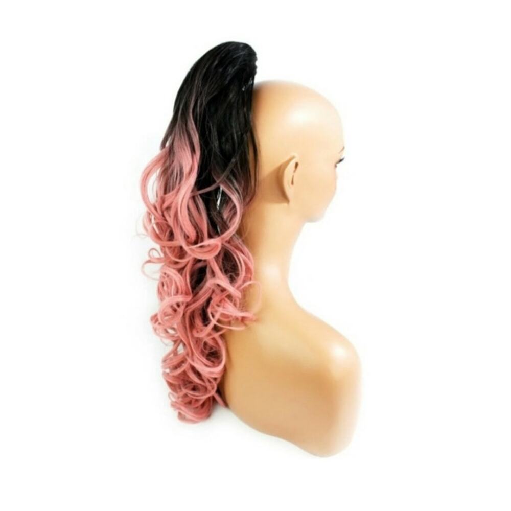 Ponytail Hair Extension 18" Pink Black Ombre with Claw Clip Wavy Pony Tail